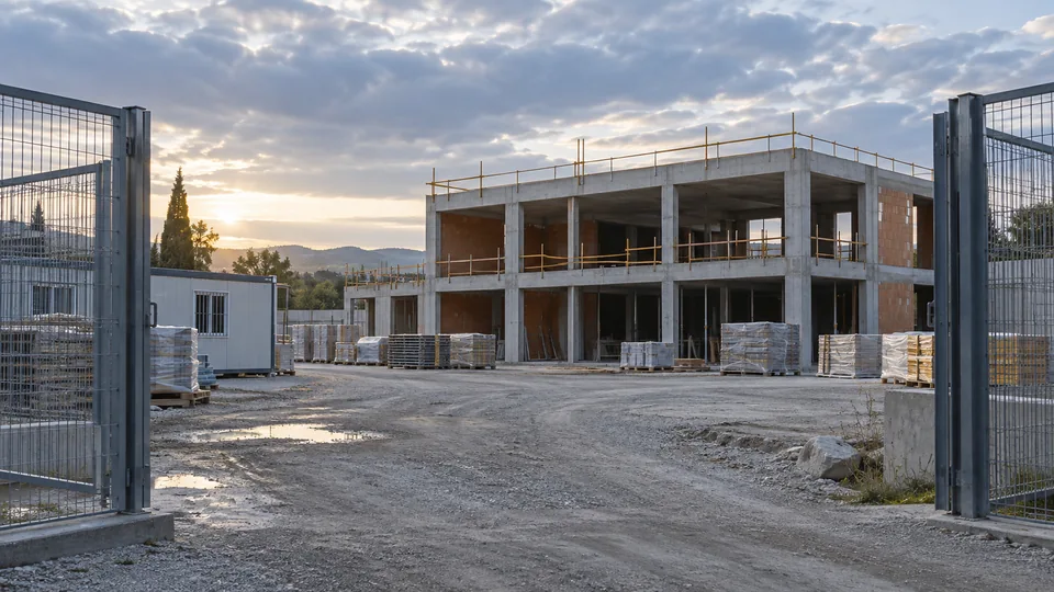 Chantier fictif d’un bâtiment commercial inachevé, avec clôture et matériaux protégés.