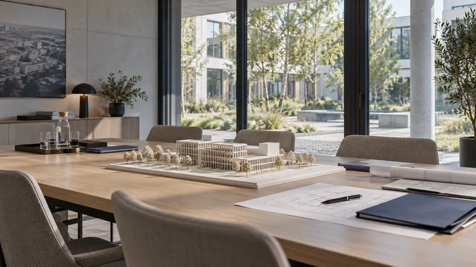 Salle de réunion fictive avec maquette de bâtiment, plans et dossiers sur une table.